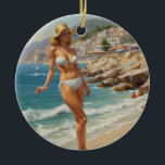 Vintage Stil Fransk Riviera Travel Beach Girl Julgransprydnad Keramik<br><div class="desc">Vintage Fransk och European Travel Advertisements - Beach,  by,  people,  blue sea and himlar illustration</div>