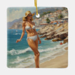 Vintage Stil Fransk Riviera Travel Beach Girl Julgransprydnad Keramik<br><div class="desc">Vintage Fransk och European Travel Advertisements - Beach,  by,  people,  blue sea and himlar illustration</div>