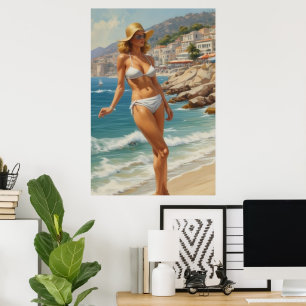 Vintage Stil Fransk Riviera Travel Beach Girl Poster