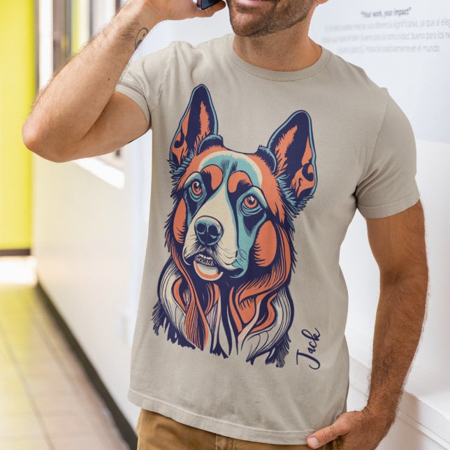 Vintage Stil German Shepherd T-Shirt (Personalized German Shepherd shirt on man talking on phone.)