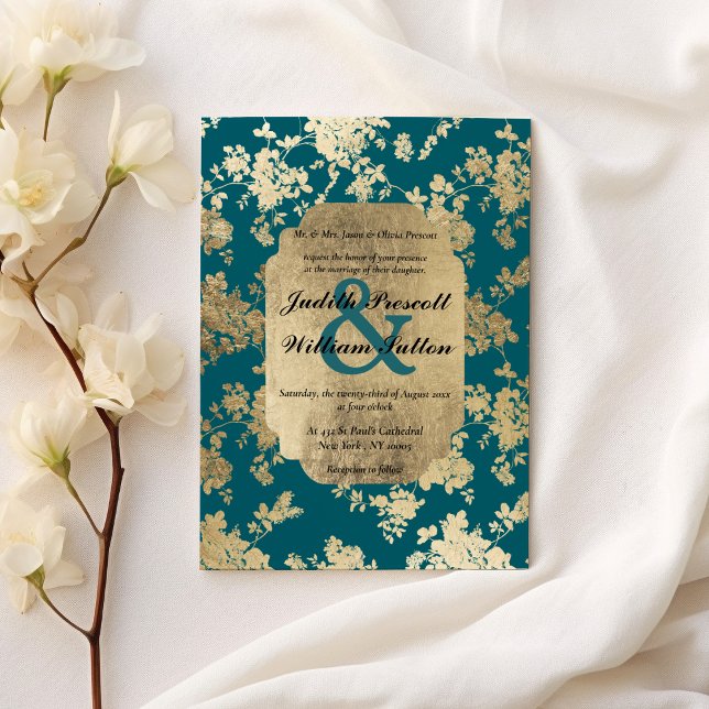 Vintage Stil Grönt Guld Blommigt Luxury Bröllop Inbjudningar (Vintage Style Green Gold Floral Luxury Wedding )