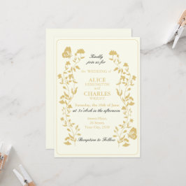 Vintage stil Guld och Blommigt Cream Bröllop Inbjudningar