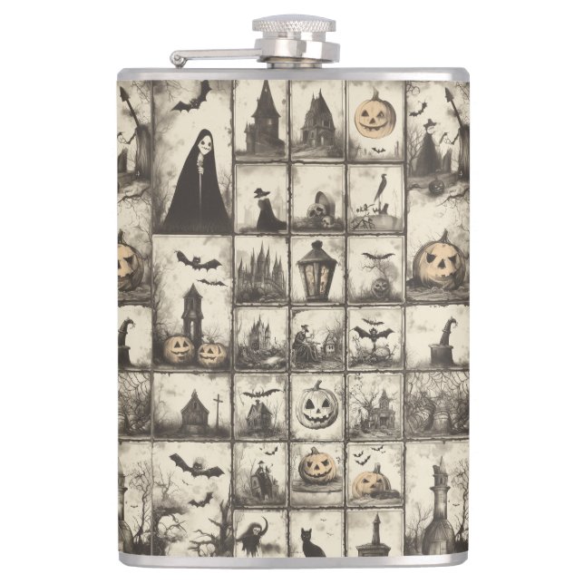 Vintage stil Halloween mönster med sepia färg Fickplunta (Framsidan)