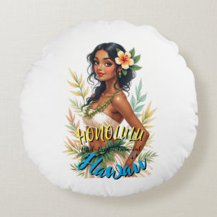 Vintage Stil Hawaiian Travel Honolulu Hula Girl Rund Kudde