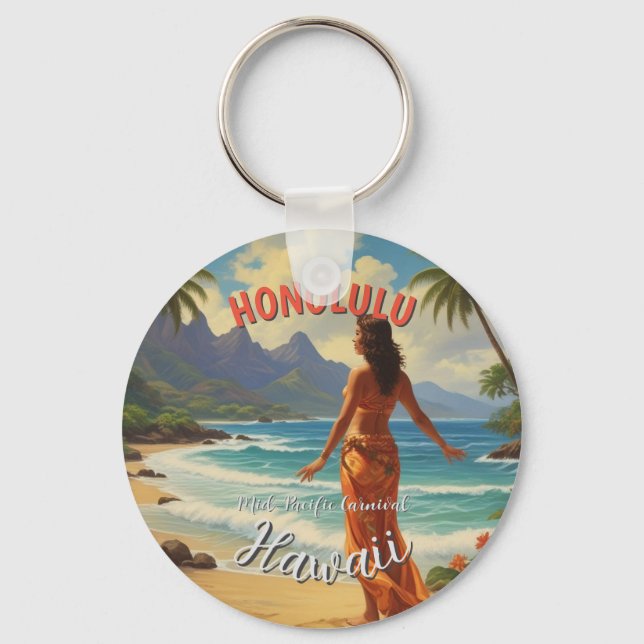 Vintage Stil Hawaiian Travel Honolulu Mid Pacific Nyckelring (Framsida)