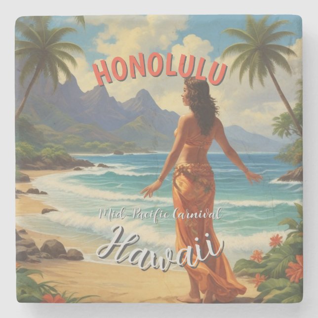 Vintage Stil Hawaiian Travel Honolulu Mid Pacific Stenunderlägg (Framsidan)
