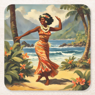 Vintage Stil Hawaiian Travel Hula Girl Dancing Underlägg Papper Kvadrat