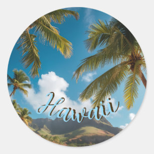 Vintage stil hawaiianskt blått hav palmträd himmel runt klistermärke