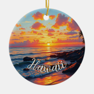 Vintage stil hawaiianskt resemål kust hav solnedgå julgransprydnad keramik