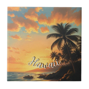 Vintage stil hawaiianskt resemål kust hav solnedgå kakelplatta