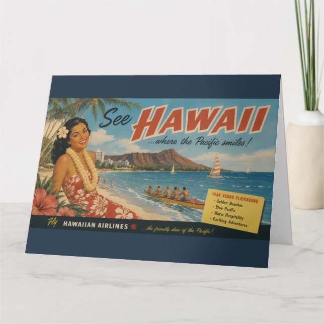 Vintage stil hawaiianskt resereklam kort (Framsida)