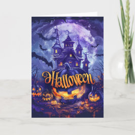 Vintage Stil Hemsökt Hus och Halloween-pumpa Helgkort