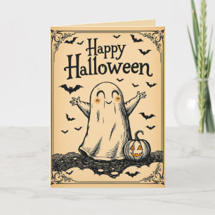 Vintage stil ingraverade halloween-söt spöke kort