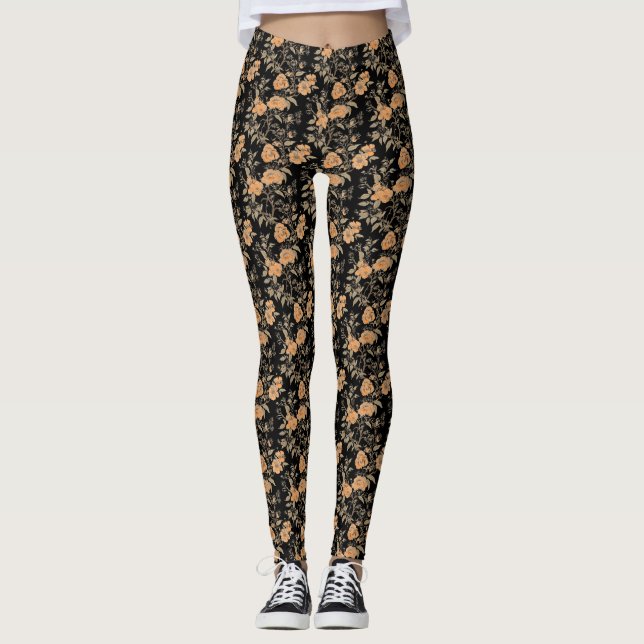 Vintage-stil Peach Blommar Blommigt Patterned Leggings (Framsida)
