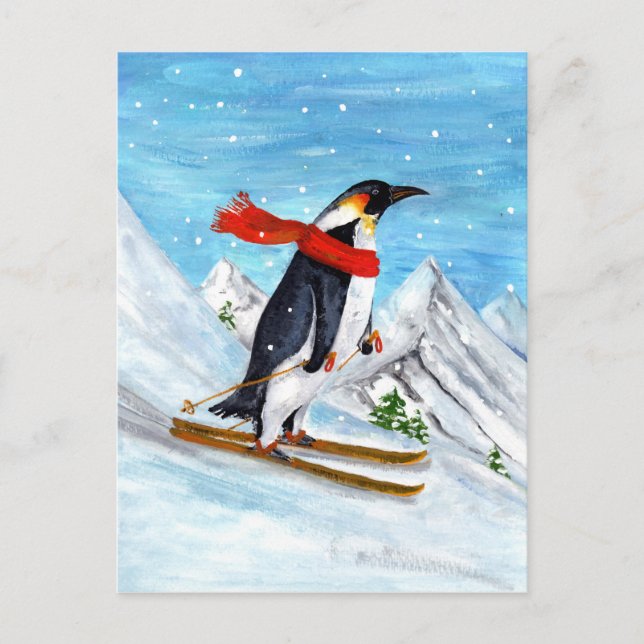 Vintage Stil Penguin Downhill Skiing Vykort (Framsida)