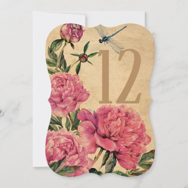 Vintage Stil Peony & Dragonfly Bordsnummer Cards (Framsida)