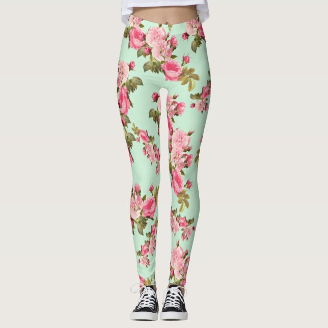 Vintage Stil Rosa och Grönt Blommigt Leggings (Framsida)