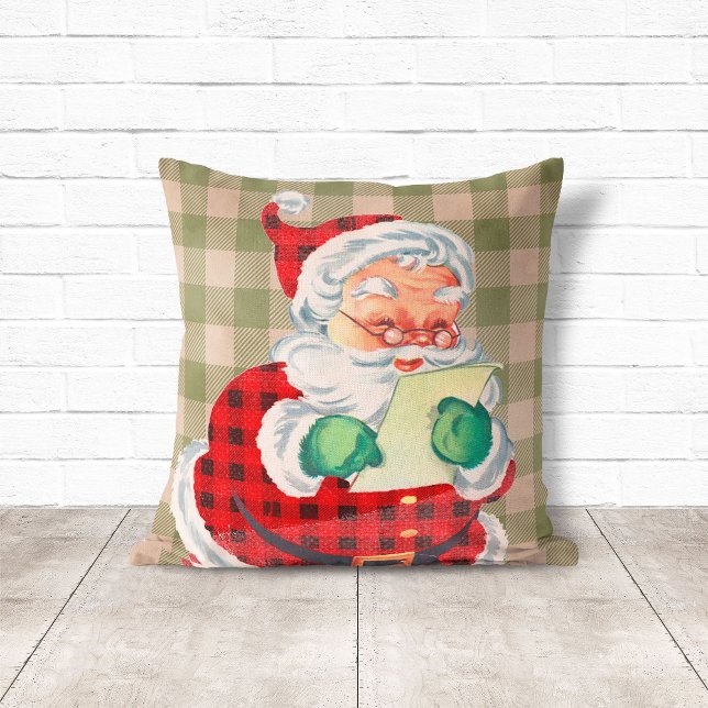 Vintage Stil Santa Sage-Grönten Play-jul Kudde (Vintage Style Santa Sage Green Plaid Christmas Throw Pillow
)