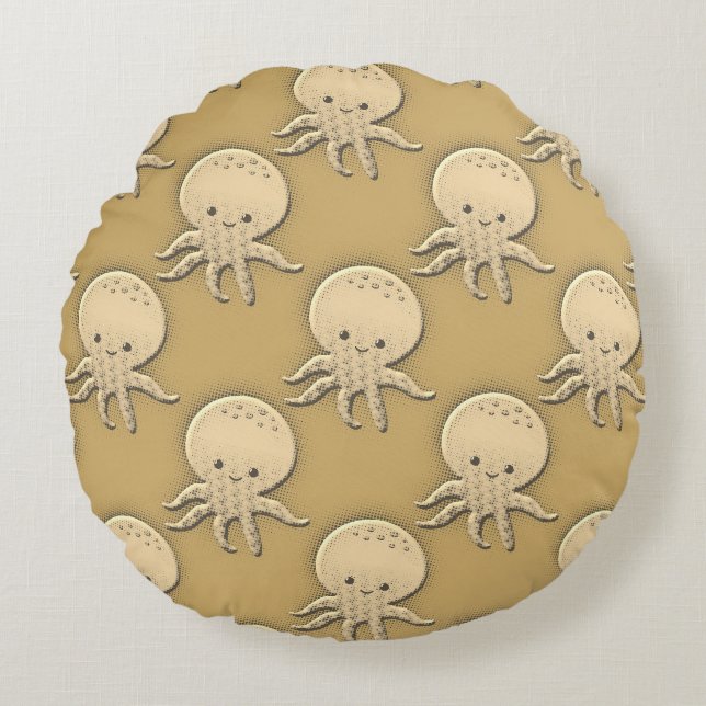 Vintage Stil Sepia Baby Octopus Rund Kudde (Framsidan)
