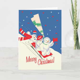 Vintage-Stil Sledding snögubbejulkort Helgkort