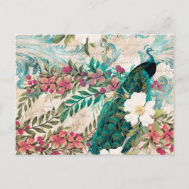 Vintage Stil Teal Peacock och Rosa Blommigt Vykort