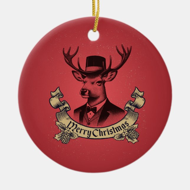 Vintage Stilig Ren God Jul Julgransprydnad Keramik (Framsidan)