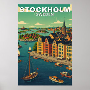 Vintage Stockholm Sverige Vattenfront Resa Poster