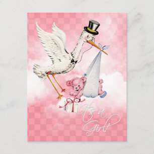 Vintage Stork Baby Girl Shower Inbjudningar