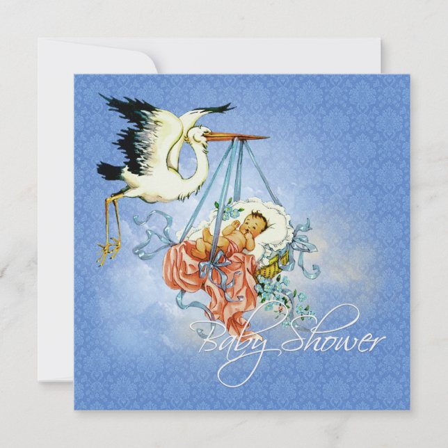 Vintage Stork Baby Pojk Shower Inbjudningar (Framsida)