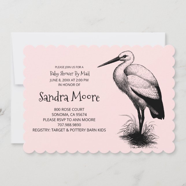 Vintage Stork Baby Shower Rosa Flicka Inbjudningar (Framsida)