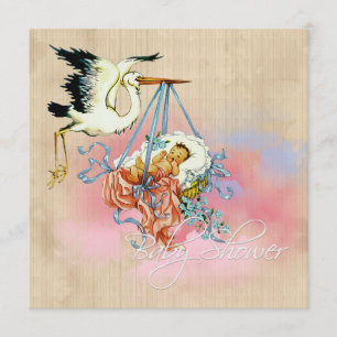 Vintage Stork Babypojke Bebisbad Inbjudningar