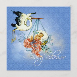 Vintage Stork Babypojke Bebisbad Inbjudningar