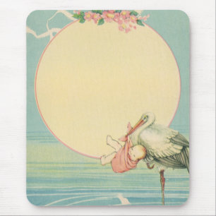 Vintage stork med babyflicka i rosa filt musmatta