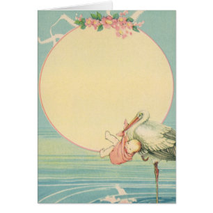 Vintage stork med babyflicka i rosa filt OBS kort