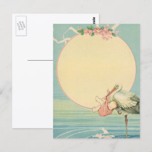 Vintage stork med bebis i rosa filt vykort