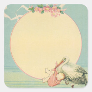 Vintage Stork med Flicka i Rosa Blanket Fyrkantigt Klistermärke