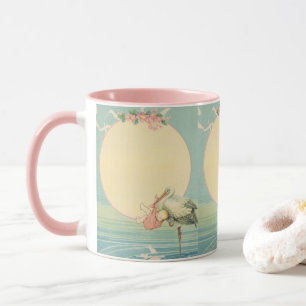 Vintage Stork med Flicka i Rosa Blanket Mugg