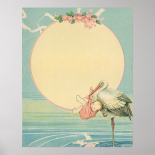 Vintage Stork med Flicka i Rosa Blanket Poster