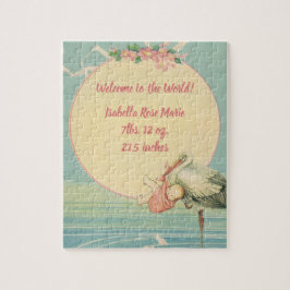 Vintage Stork med Flicka i Rosa Blanket Pussel