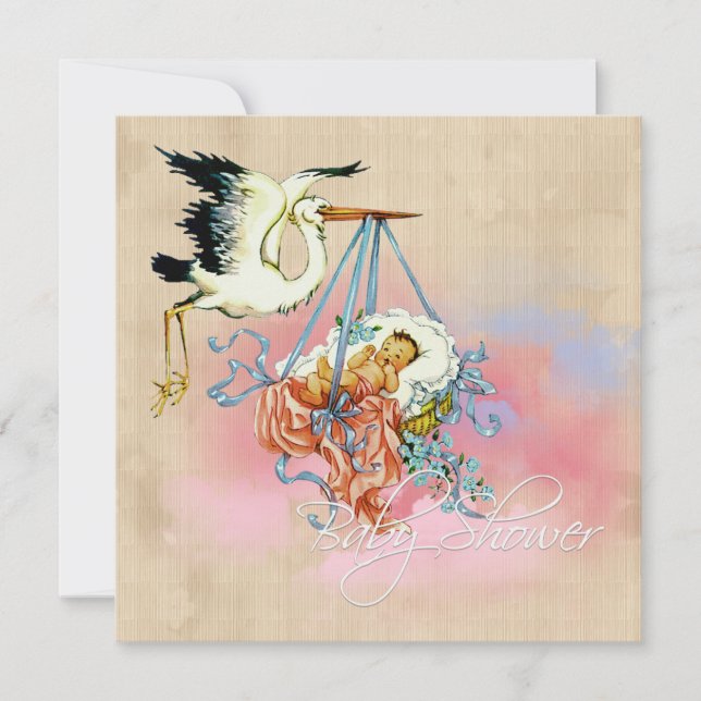 Vintage Stork Pojke Shower Inbjudningar (Framsida)