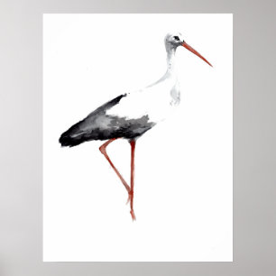 Vintage stork poster med vit stork vattenfärg