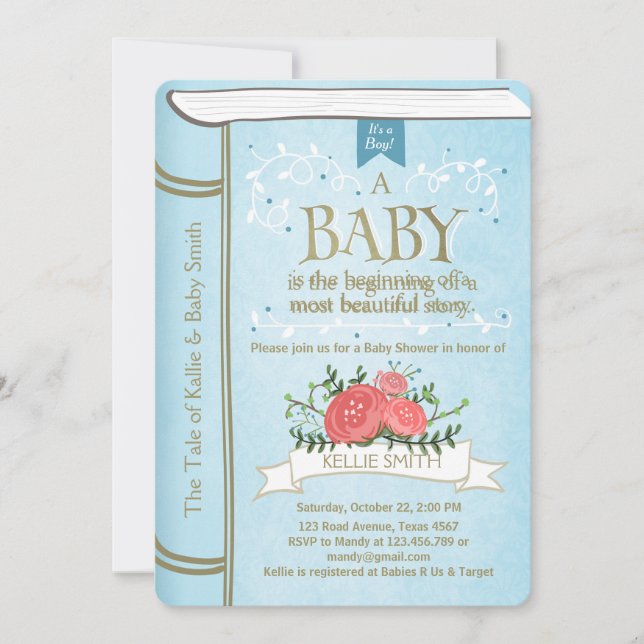 Vintage Storybook Baby-duschinbjudan Boy Blue Inbjudningar (Framsida)