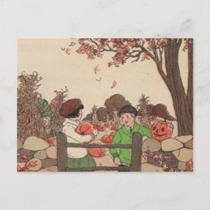 Vintage Storybook Kids & Pumpkins Vykort