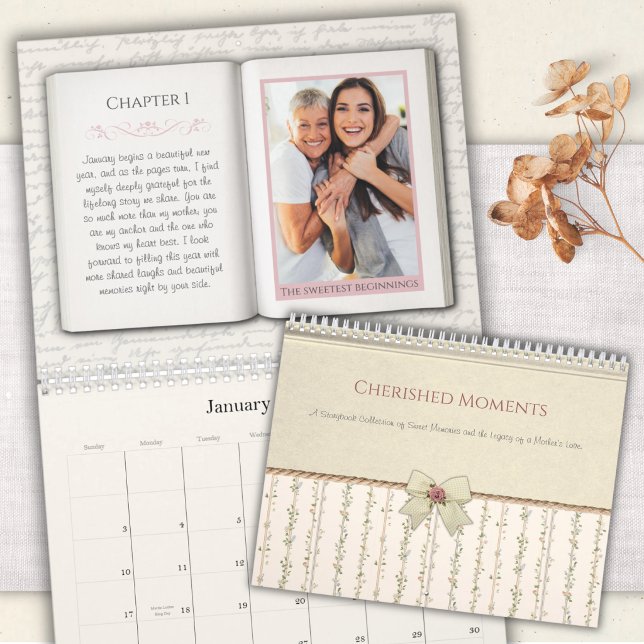 Vintage Storybook Mor Dotter Foto Kalender (Vintage floral storybook photo calendar for Mom. Unique personalized mother daughter gift ideas.)