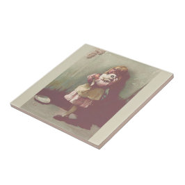 Vintage Storybook Söt Girl Child med Kitten Kakelplatta