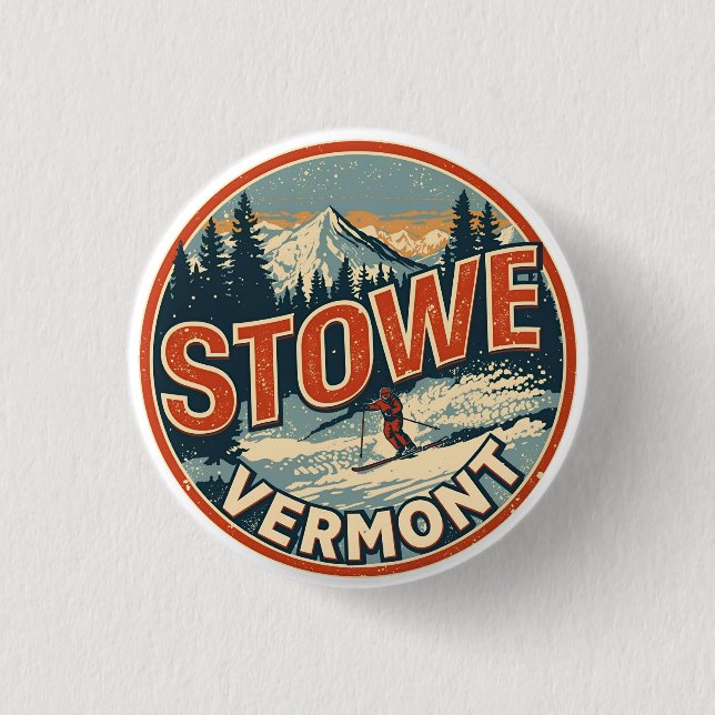 Vintage Stowe, VT utomhus vinterleder skidbackar Knapp (Framsida)