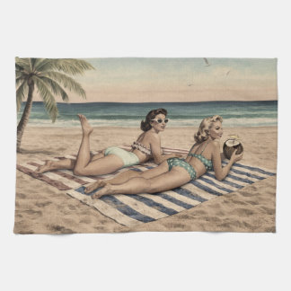 Vintage strand pinup konsttryck | Retro-bikiniflic Kökshandduk