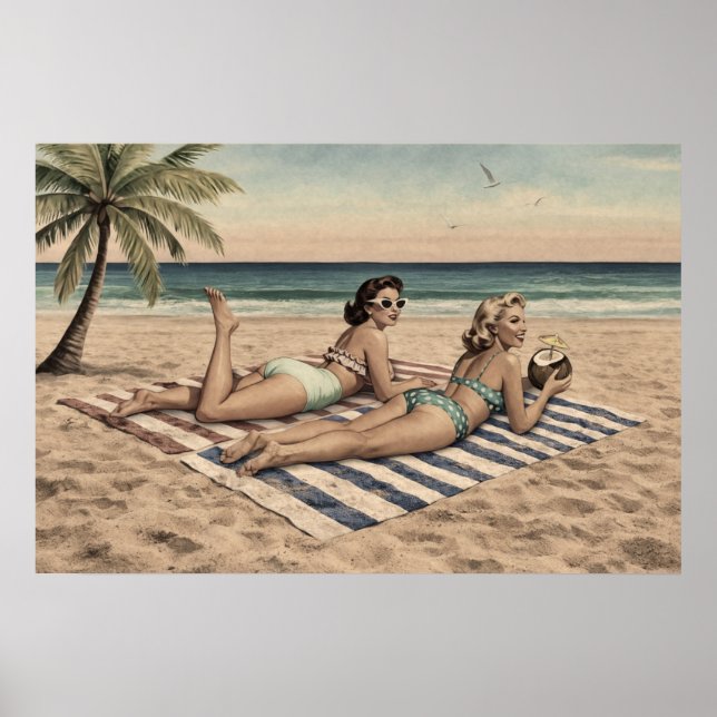 Vintage strand pinup konsttryck | Retro-bikiniflic Poster (Framsidan)