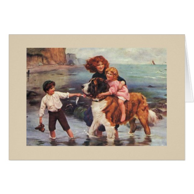 Vintage - stranddag med ett St Bernard, Hälsningskort (Framsidan Horizontal)