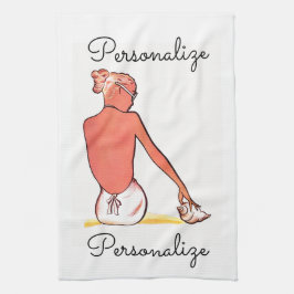 Vintage strandflicka med sommarsäsongsbunden elega kökshandduk